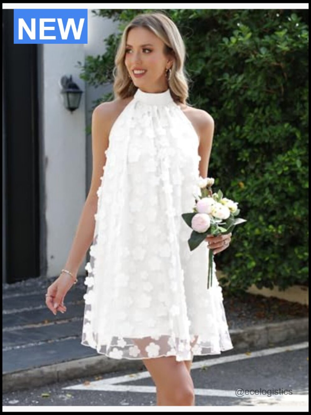 Halter Tulle Floral Mini Dress - A-Line Sleeveless - Picture 3 of 7